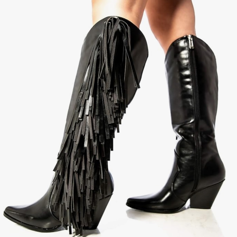 Black Fringe Mid Calf Cowboy Boots 10